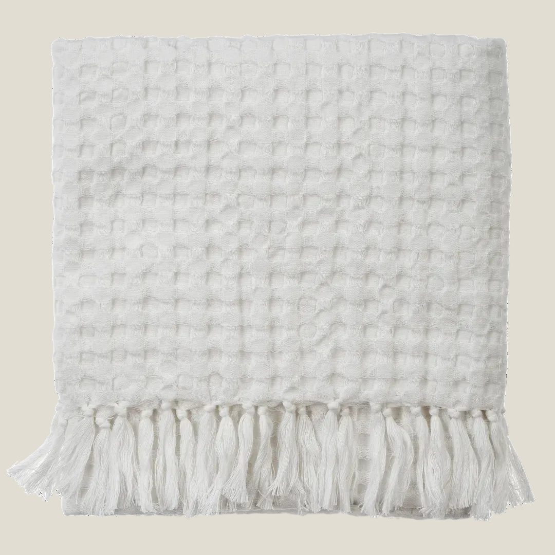 White honeycomb bath towel with fringed edges, folded