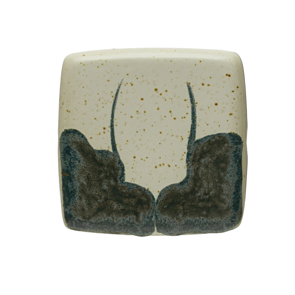 Hand-Painted Stoneware Lidded Jar, 3.75" Cream with Green Glaze