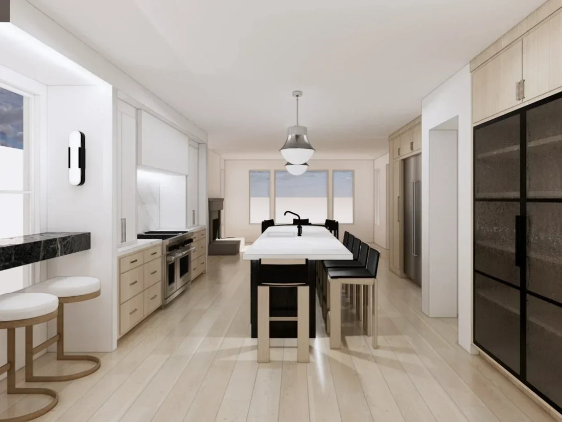Modern galley kitchen rendering with light wood floors, long island with seating, integrated cabinetry, and pendant lighting.