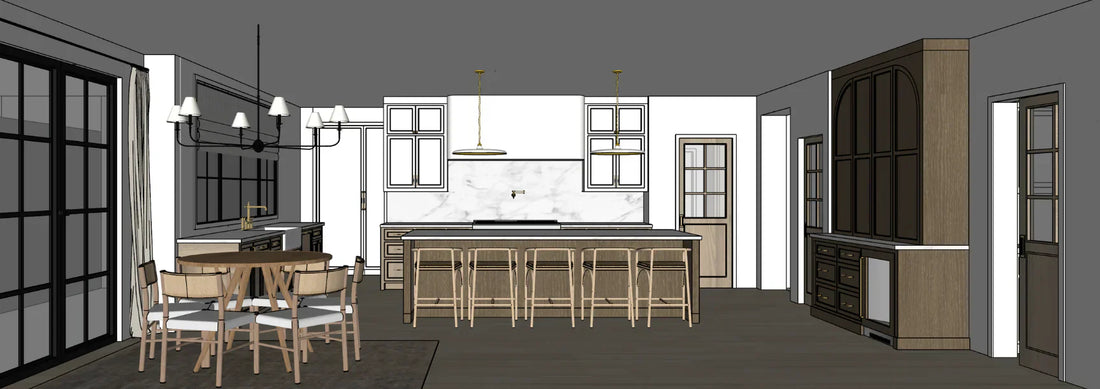 Kitchen rendering with large island, light wood bar stools, marble slab backsplash, white cabinetry, and brass pendant lighting.