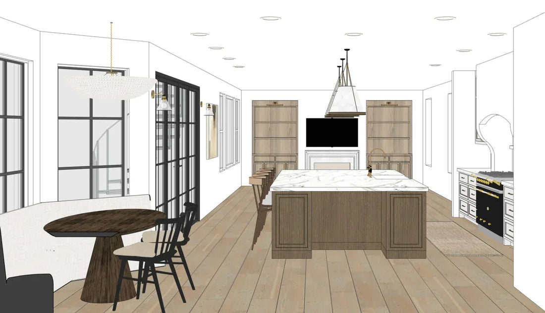 Open concept kitchen rendering with marble island, wood cabinetry, black-framed glass doors, built-in shelving, and dining area.
