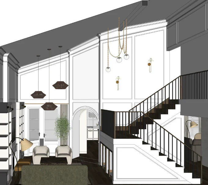 Double-height entry rendering with paneled walls, black metal staircase railing, arched doorway, and layered pendant lighting.