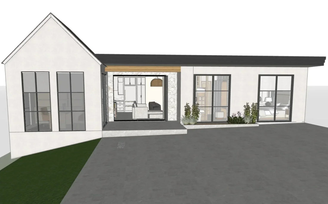 Rear exterior rendering of modern home with large black-framed windows, sliding glass doors, and covered patio entry.