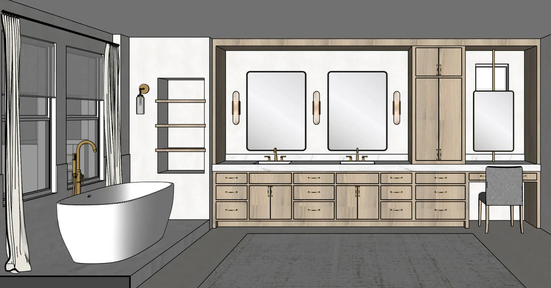 Primary bathroom rendering with double vanity, light wood cabinetry, brass fixtures, wall sconces, freestanding tub, and marble countertops.