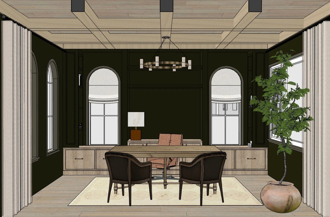 Home office rendering with dark green paneled walls, arched windows, light wood coffered ceiling, built-in cabinetry, and a wood desk with leather chairs.
