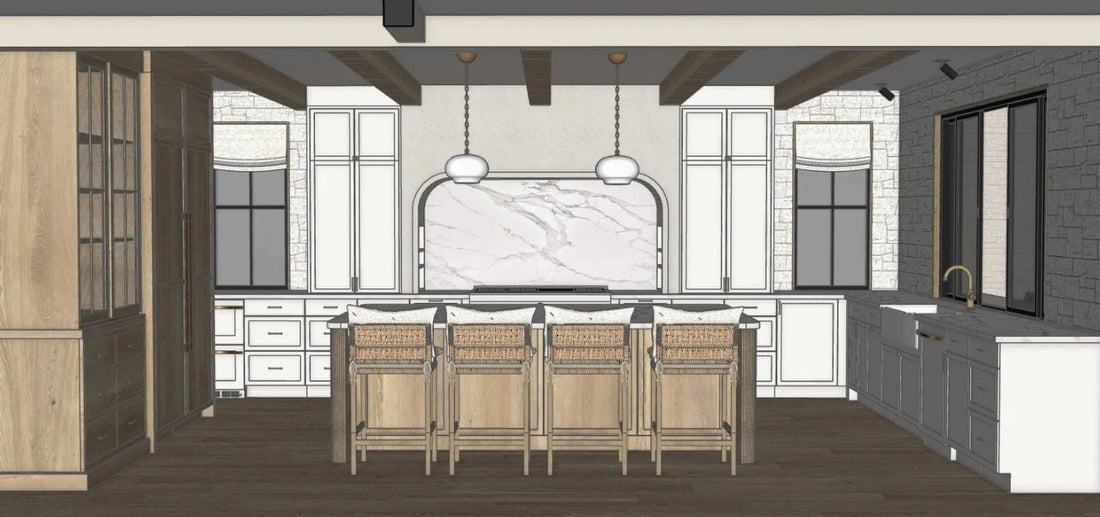 Kitchen rendering featuring white cabinetry, exposed wood beams, marble slab backsplash, woven bar stools, and pendant lighting.