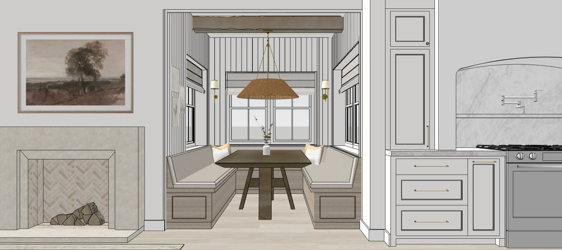 Breakfast nook rendering with built-in bench seating, striped wall paneling, woven pendant light, and dark wood dining table.