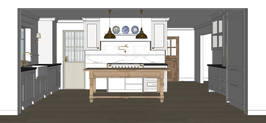 Kitchen rendering with white cabinetry, marble backsplash, brass pot filler, dark wood floors, and freestanding wood island table.