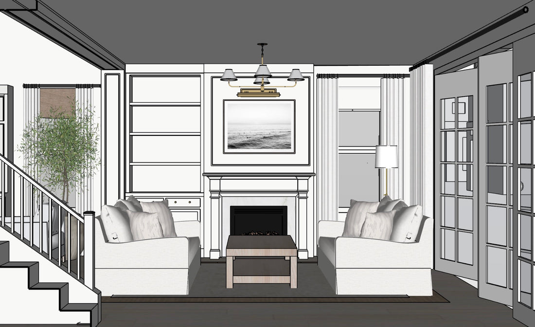 Living room rendering with symmetrical sofas, fireplace mantel, framed artwork, built-in shelving, and brass ceiling light fixture.