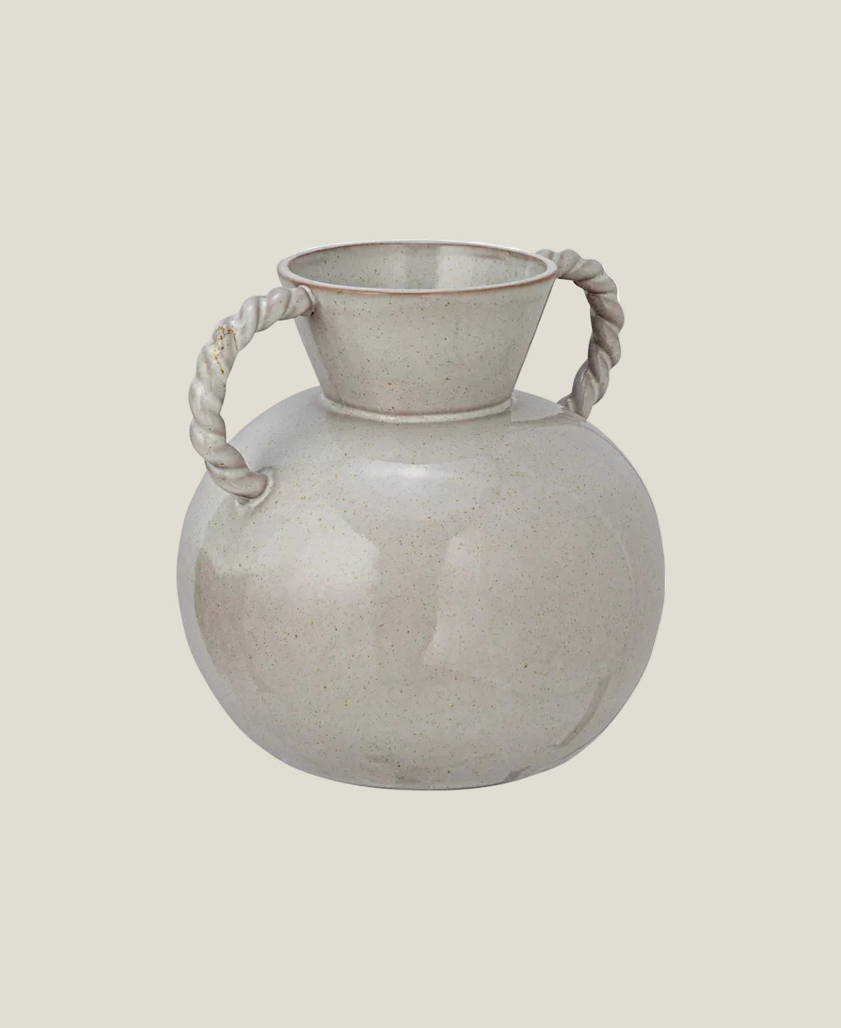 Stoneware Vase with Twisted Rope Handles, 8.5" Glossy Grey-Cream