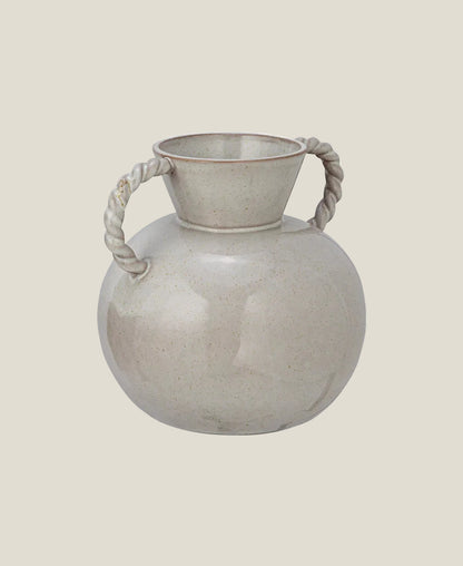 Stoneware Vase with Twisted Rope Handles, 8.5" Glossy Grey-Cream