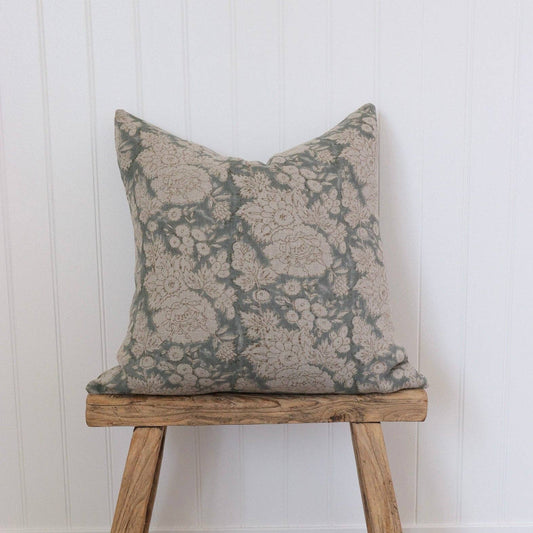 The Amalfi Lumbar Pillow Cover, Blue-Green Hand Block Print Linen