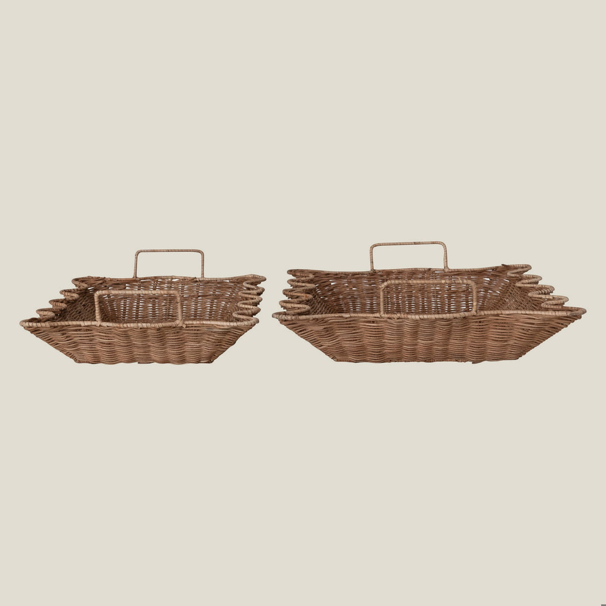Scalloped rattan trays stacked to show how they nest