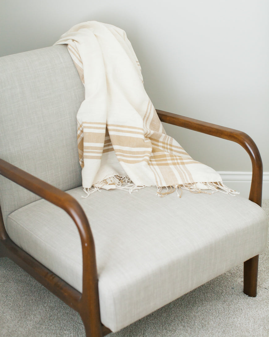 The Cabin Hatch Throw, Ivory & Beige Stripe Cotton with Fringe