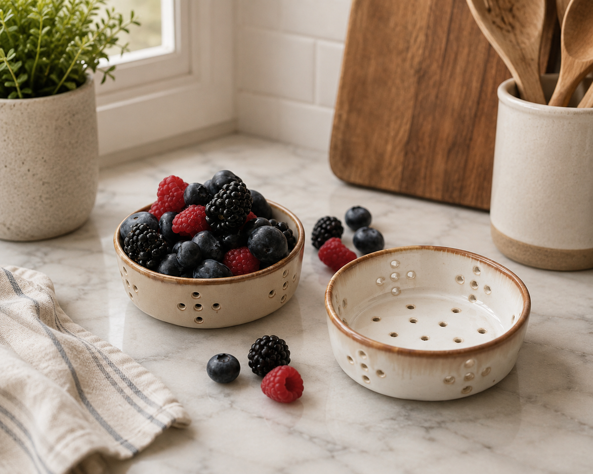 Stoneware Berry Bowl, 4" Grey with Drainage Holes