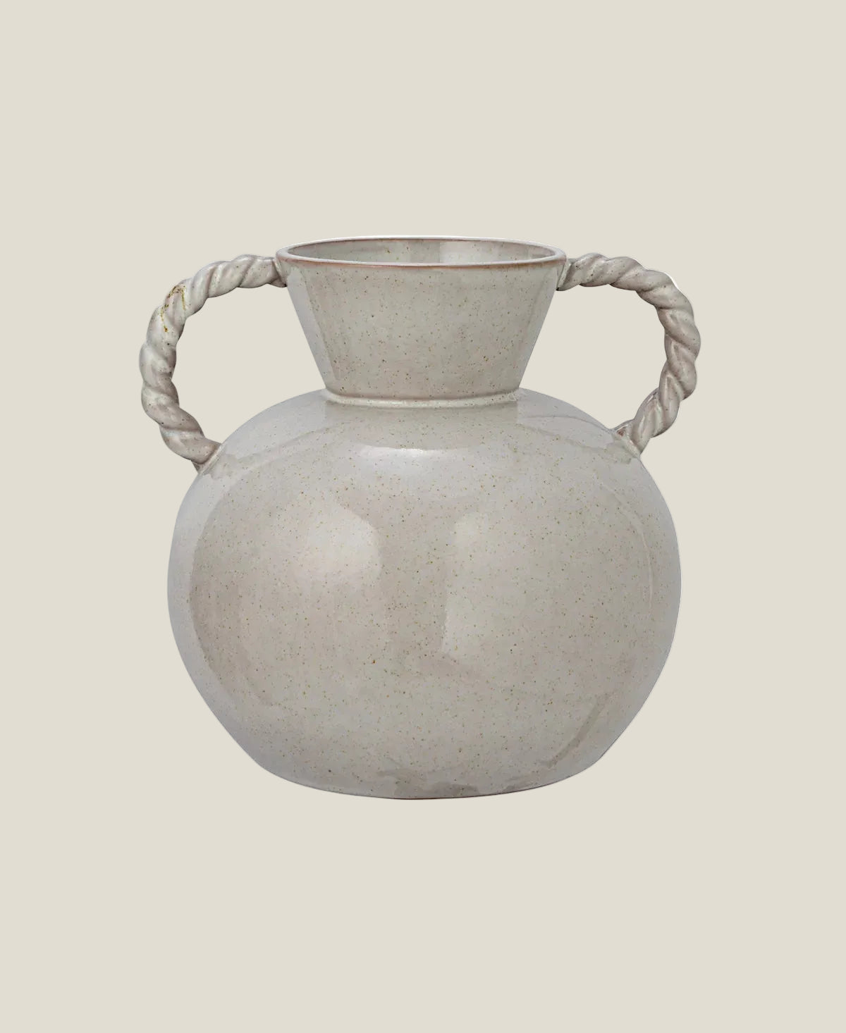 Stoneware Vase with Twisted Rope Handles, 8.5" Glossy Grey-Cream