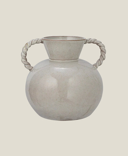 Stoneware Vase with Twisted Rope Handles, 8.5" Glossy Grey-Cream