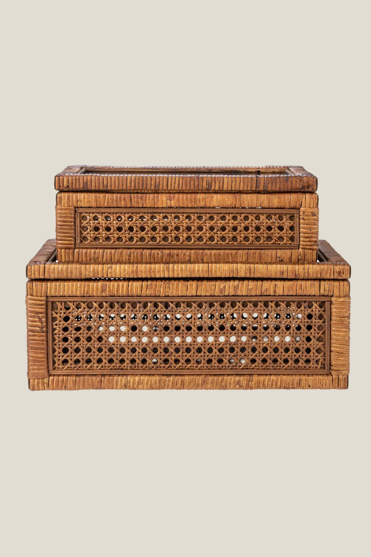 Rattan Display Boxes with Glass Lids, Hand-Woven Cane, Set of 2