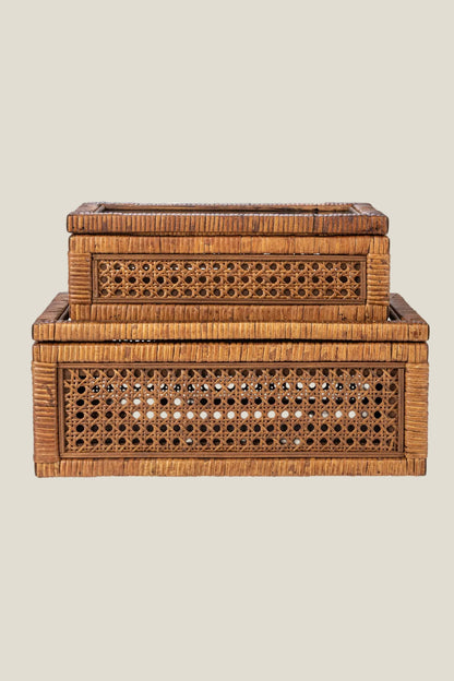 Rattan Display Boxes with Glass Lids, Hand-Woven Cane, Set of 2