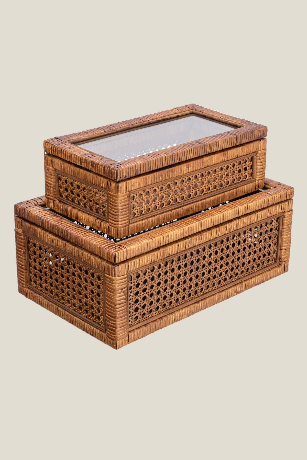 Rattan Display Boxes with Glass Lids, Hand-Woven Cane, Set of 2
