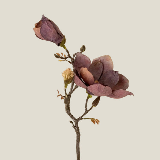 A single faux purple magnolia stem against a cream wall