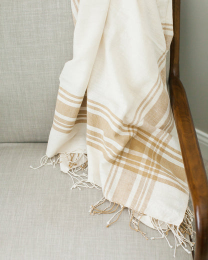 The Cabin Hatch Throw, Ivory & Beige Stripe Cotton with Fringe