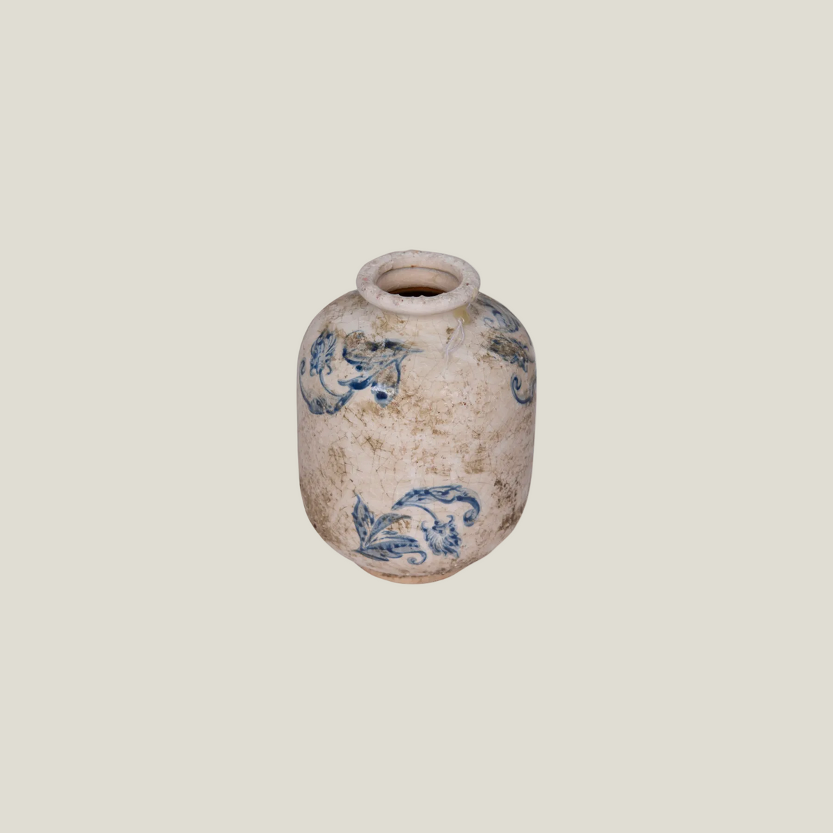 Small terra-cotta vase in distressed cream with blue scroll pattern, one of the set of 3