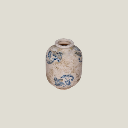 Small terra-cotta vase in distressed cream with blue scroll pattern, one of the set of 3