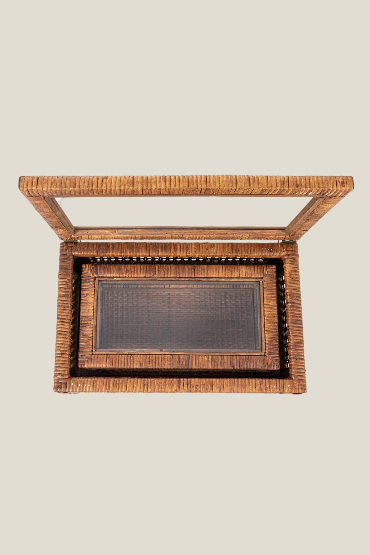Rattan Display Boxes with Glass Lids, Hand-Woven Cane, Set of 2