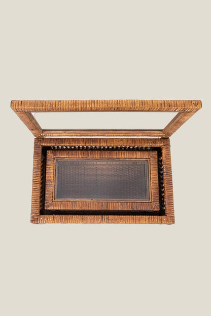 Rattan Display Boxes with Glass Lids, Hand-Woven Cane, Set of 2