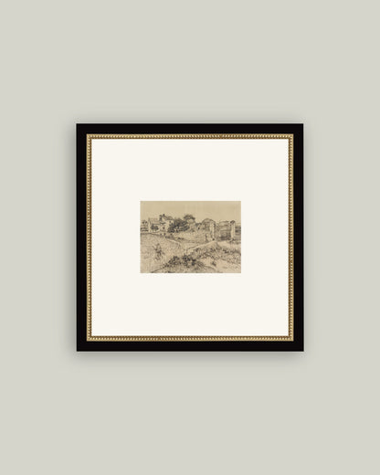 The Tuscan Village sepia sketch art print on a cream mat in a black frame with gold beaded inner edge, on a soft grey wall