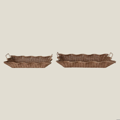Scalloped rattan nesting trays side by side, side view