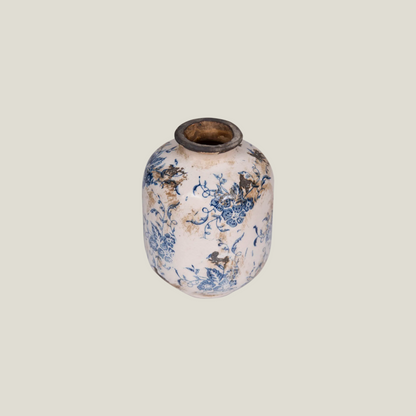 Small terra-cotta vase in distressed cream with blue floral pattern and dark rim, one of the set of 3