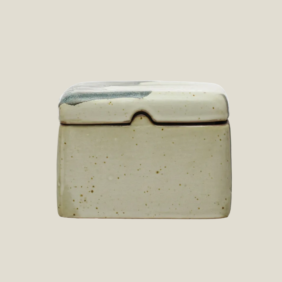 Hand-Painted Stoneware Lidded Jar, 3.75" Cream with Green Glaze