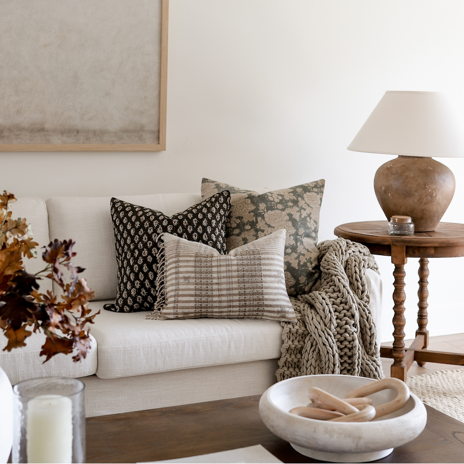 The Amalfi Lumbar Pillow Cover, Blue-Green Hand Block Print Linen