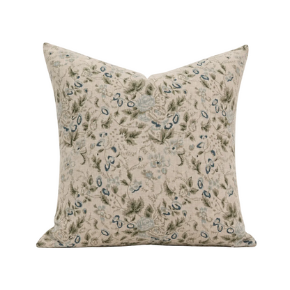 The Giverny Pillow Cover, Sage & Faded Blue Hand Block Print Linen